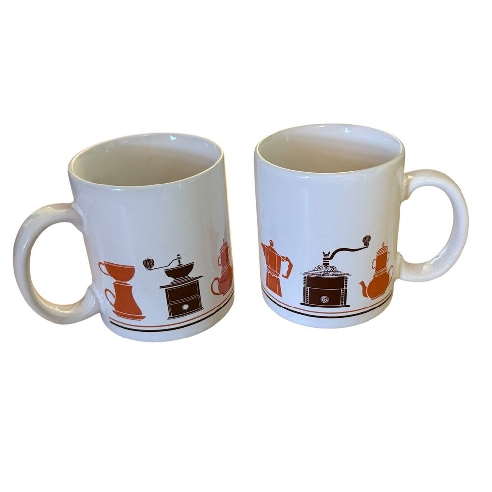 Vintage 1970s Retro Coffee Grinders, Percolator, & Makers Coffee Mugs Set Of 2